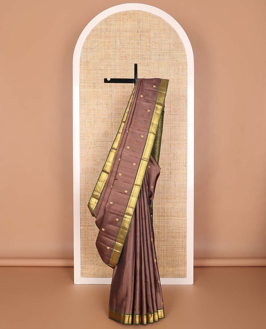 Brown floral design Parampara silk saree with contrast border of rekku, muthu, banaras design & zari design pallu