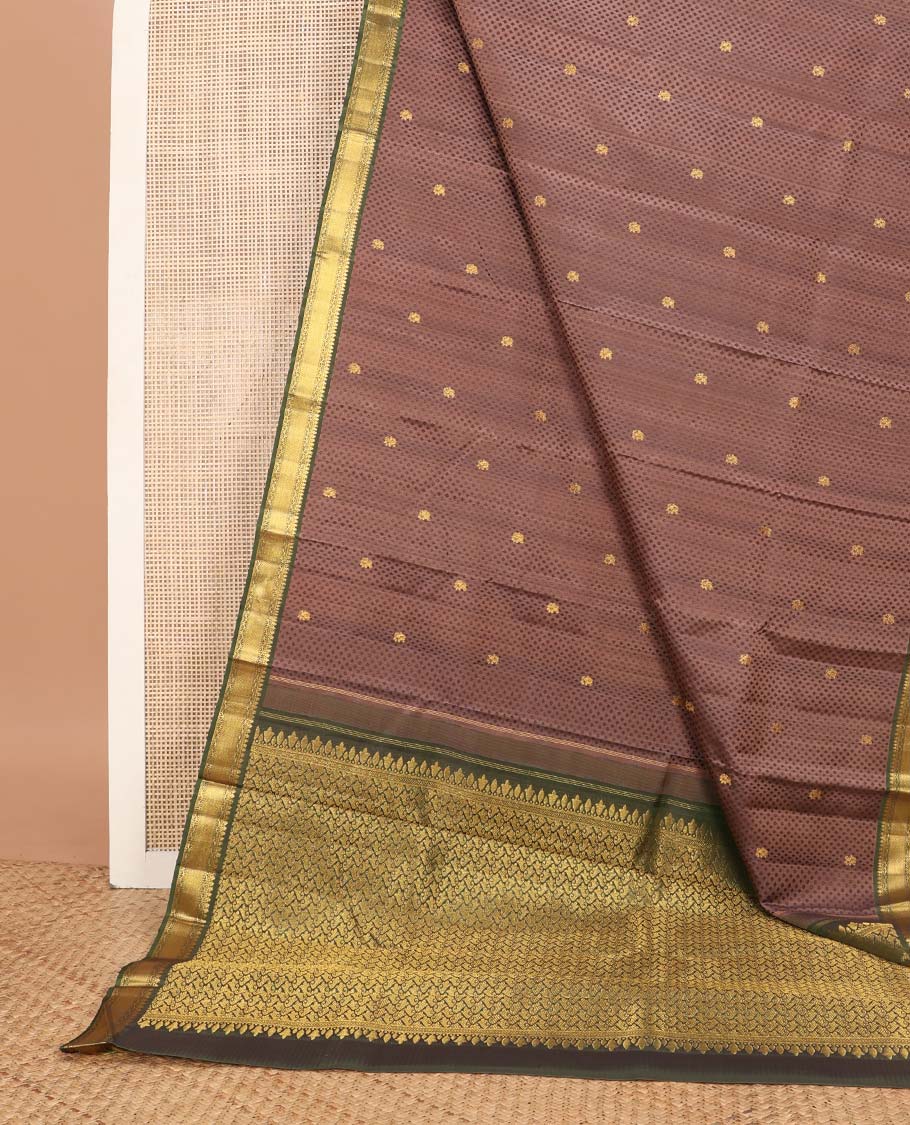 Brown floral design Parampara silk saree with contrast border of rekku, muthu, banaras design & zari design pallu - Image 2
