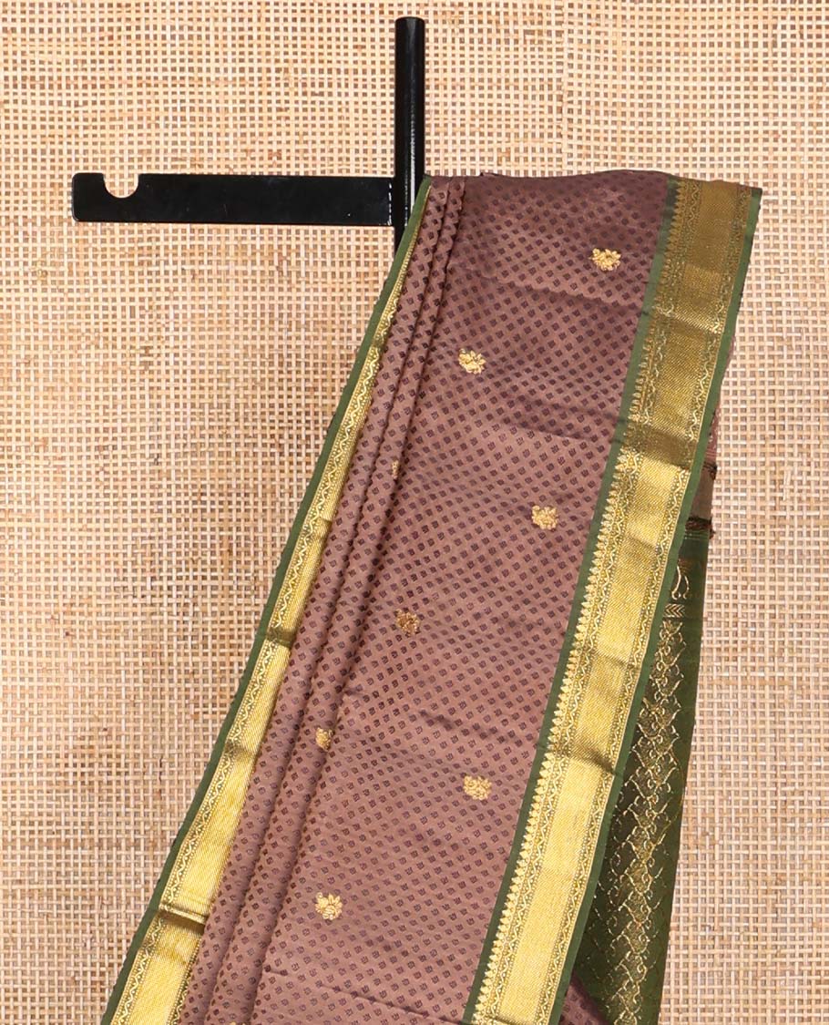 Brown floral design Parampara silk saree with contrast border of rekku, muthu, banaras design & zari design pallu - Image 3