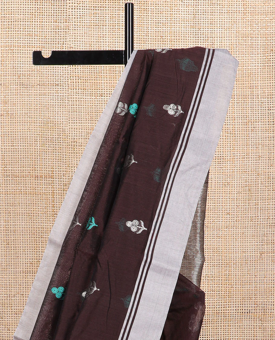 Brown floral motifs chanderi cotton saree with self zari design border & striped pallu - Image 3