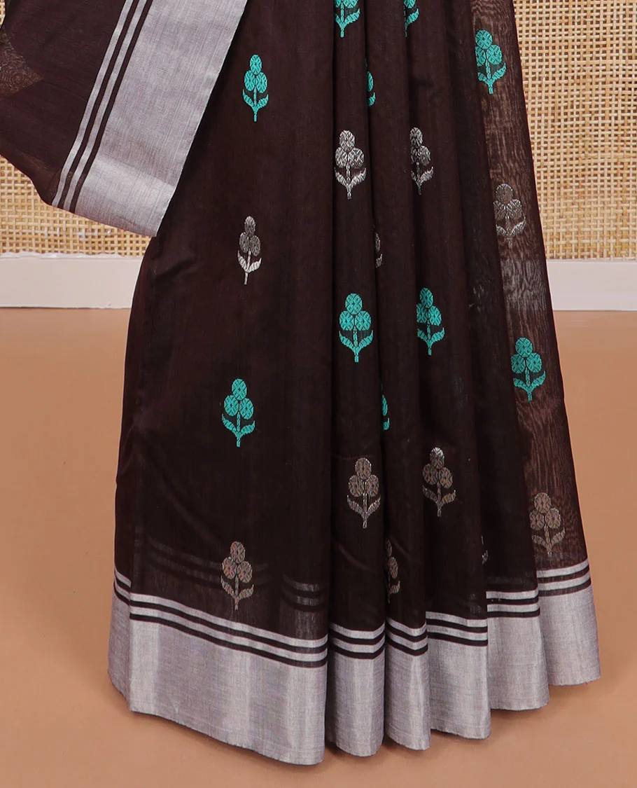 Brown floral motifs chanderi cotton saree with self zari design border & striped pallu - Image 4