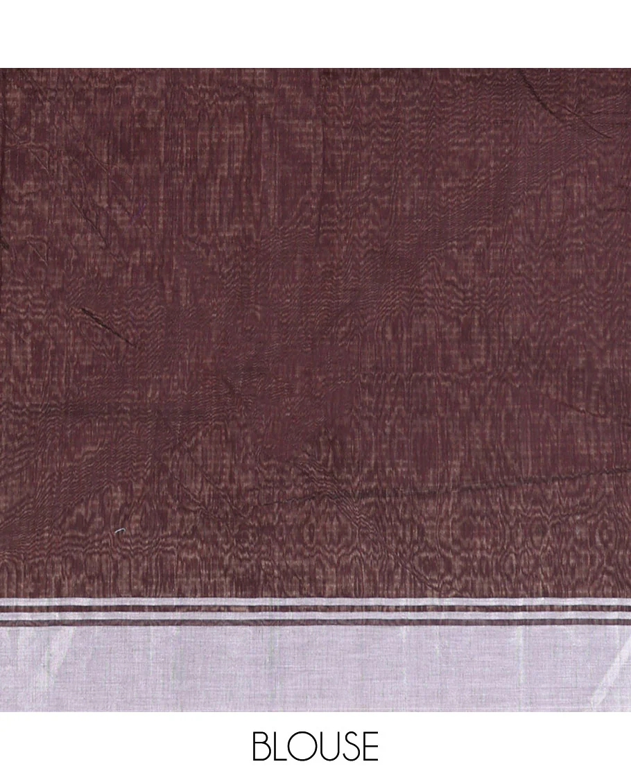 Brown floral motifs chanderi cotton saree with self zari design border & striped pallu - Image 5