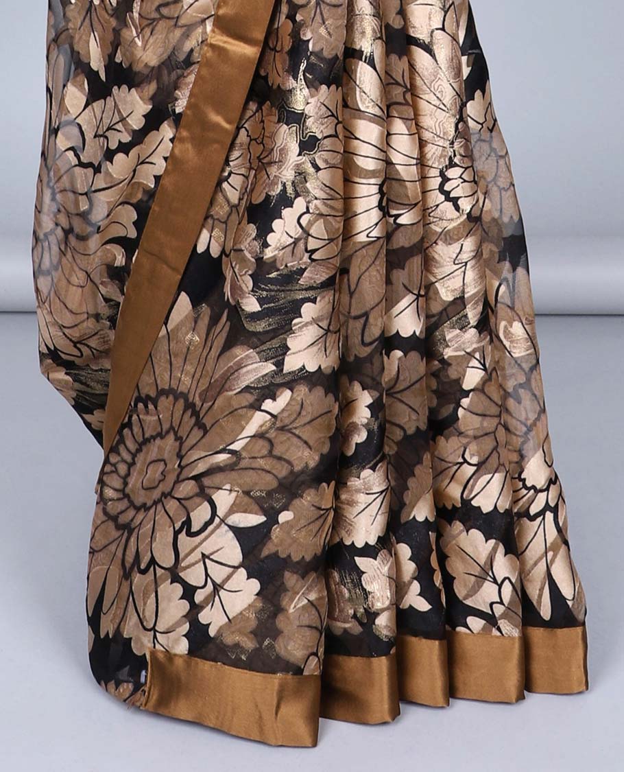 Brown floral motifs printed casual wear saree, contrast plain border - Image 3