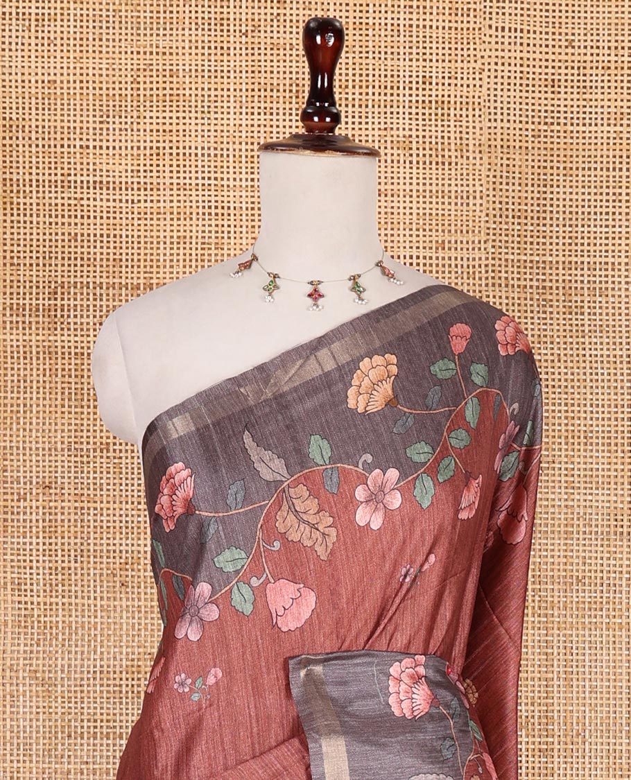 Brown floral motifs printed katan silk saree, contrast scallop floral printed with piping zari border, and contrast buttas blouse - Image 3