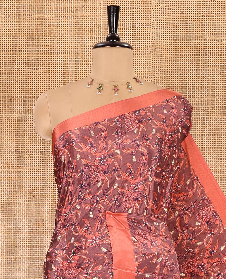 Brown floral style printed Turkey crepe saree, contrast plain border, geometric printed pallu, and a contrast polka dotted blouse - Image 2