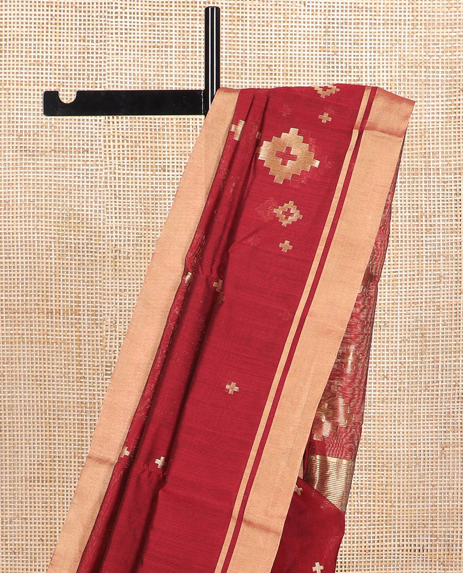 Brown geometric design chanderi cotton saree with self zari border & geometric design pallu - Image 3