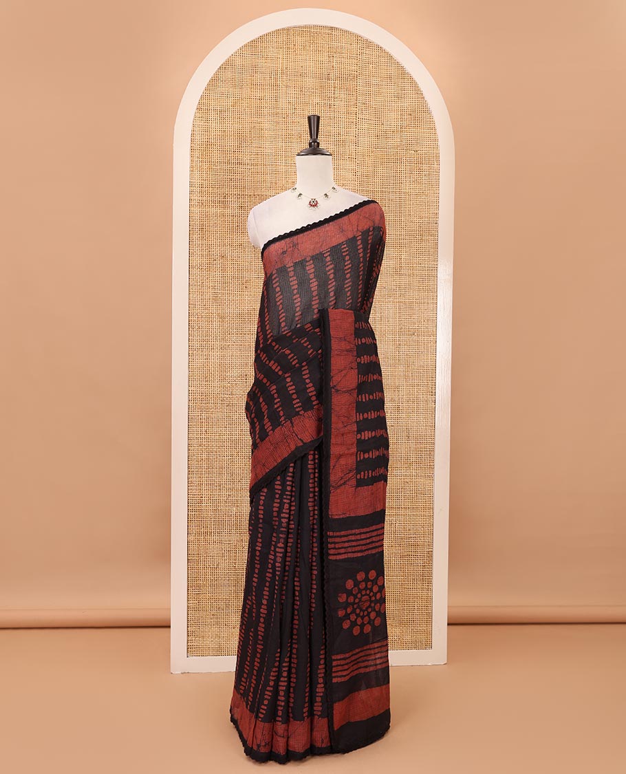 Brown handblock wax batik printed kota check saree, contrast batik print lacework border, batik print pallu & polka dots print blouse - Image 2