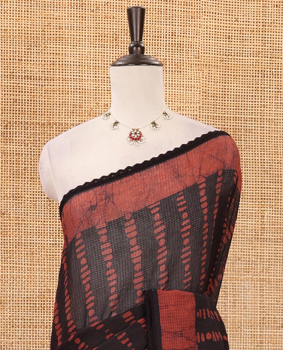 Brown handblock wax batik printed kota check saree, contrast batik print lacework border, batik print pallu & polka dots print blouse - Image 3
