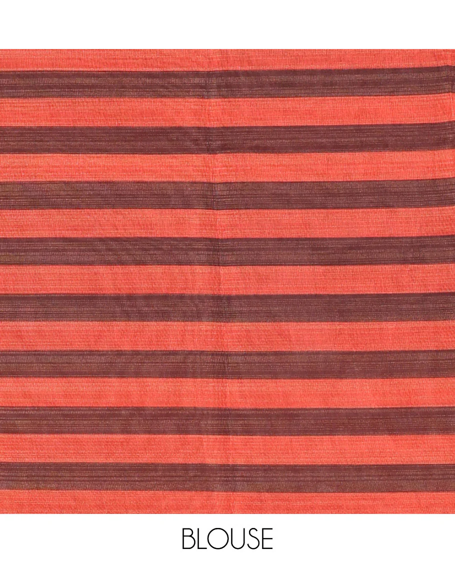 Brown horizontally striped linen cotton saree, contrast plain border, checks and striped pallu, and a horizontal striped blouse - Image 4