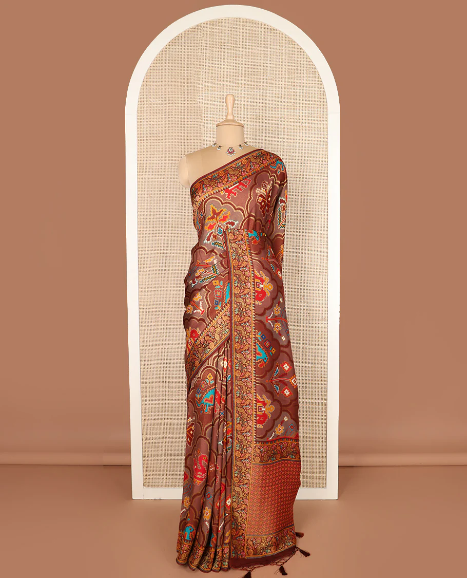 Brown ikkat design printed dola silk saree, floral vine, and peacock border, and jaal pallu - Image 2