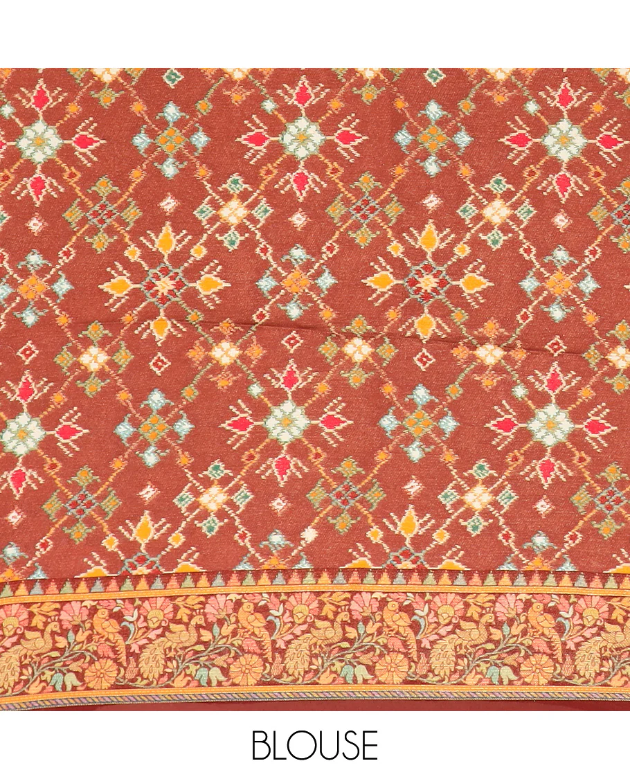 Brown ikkat design printed dola silk saree, floral vine, and peacock border, and jaal pallu - Image 5
