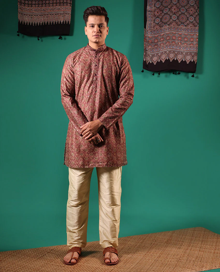 Brown jaal patterns printed with sequins embroidered full-sleeved men's kurta - Image 2