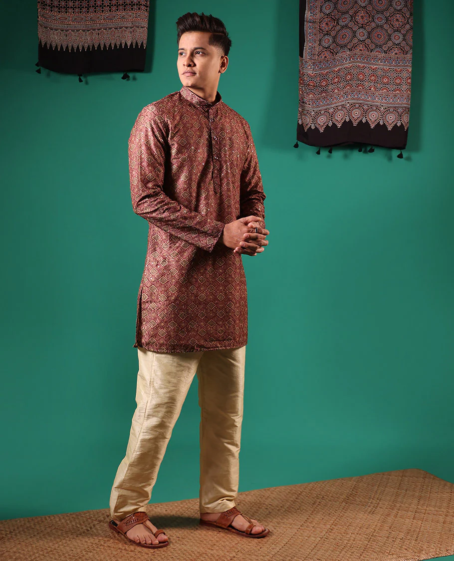 Brown jaal patterns printed with sequins embroidered full-sleeved men's kurta - Image 3