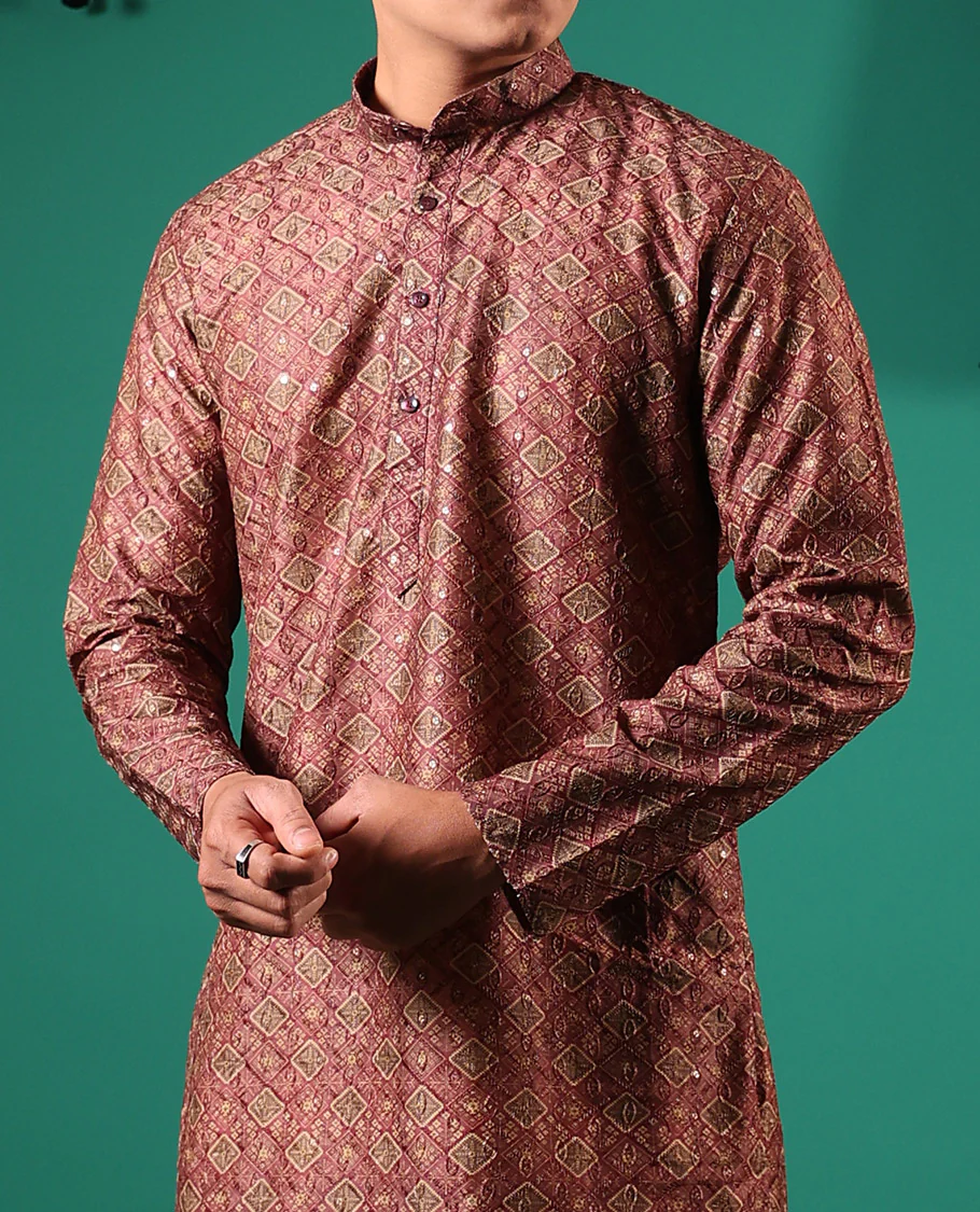 Brown jaal patterns printed with sequins embroidered full-sleeved men's kurta - Image 4