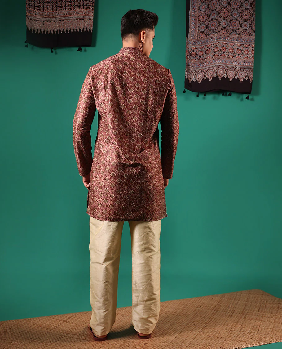 Brown jaal patterns printed with sequins embroidered full-sleeved men's kurta - Image 5