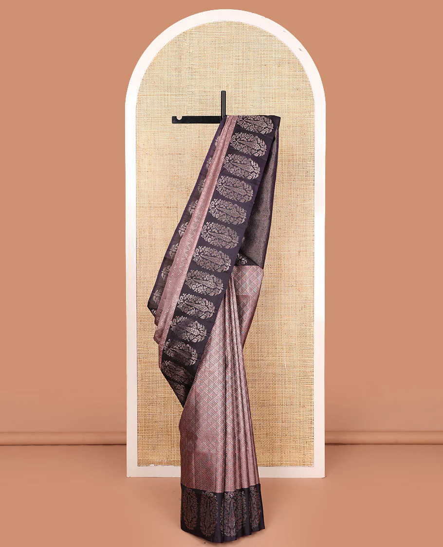 Brown jacquard Mayuri soft silk saree, contrast floral-paisley design border, and contrast scallop design pallu