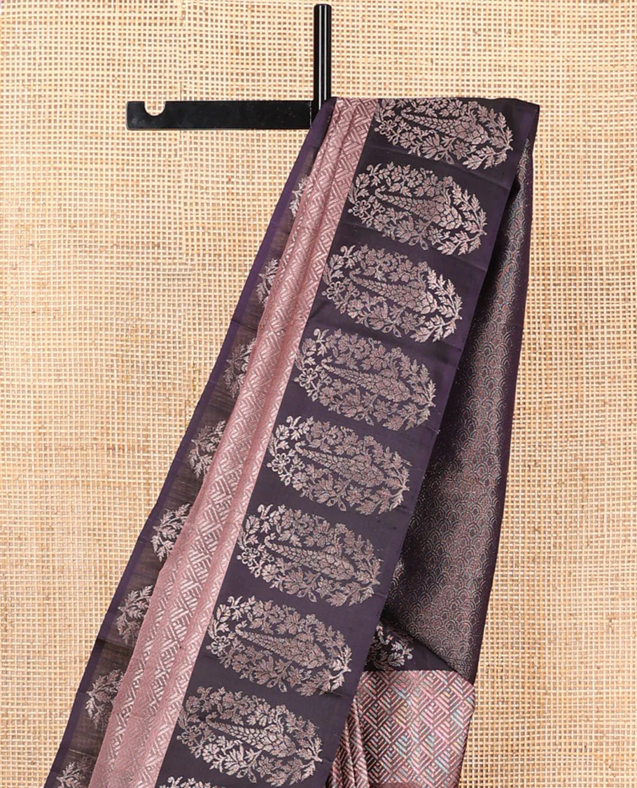 Brown jacquard Mayuri soft silk saree, contrast floral-paisley design border, and contrast scallop design pallu - Image 3