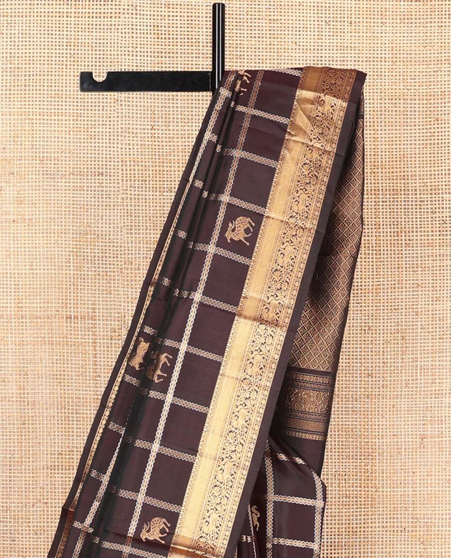 Brown maan and kuthirai butta enclosed checked Mayuri soft silk saree, zari border of thilakam, mayil kann, kuthirai, and kamalam designs, and jaal pallu - Image 3