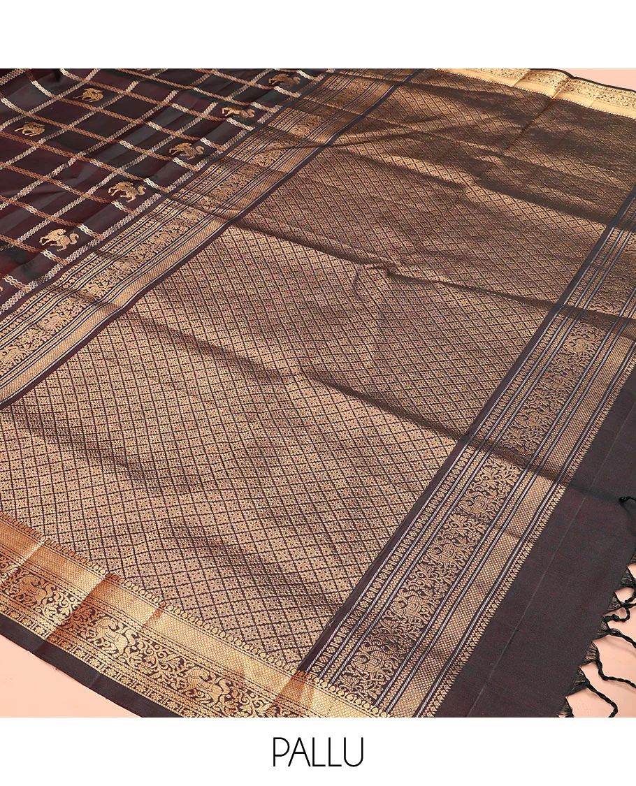 Brown maan and kuthirai butta enclosed checked Mayuri soft silk saree, zari border of thilakam, mayil kann, kuthirai, and kamalam designs, and jaal pallu - Image 5