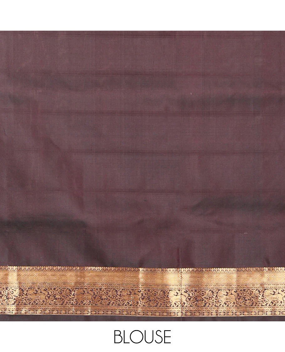 Brown maan and kuthirai butta enclosed checked Mayuri soft silk saree, zari border of thilakam, mayil kann, kuthirai, and kamalam designs, and jaal pallu - Image 6