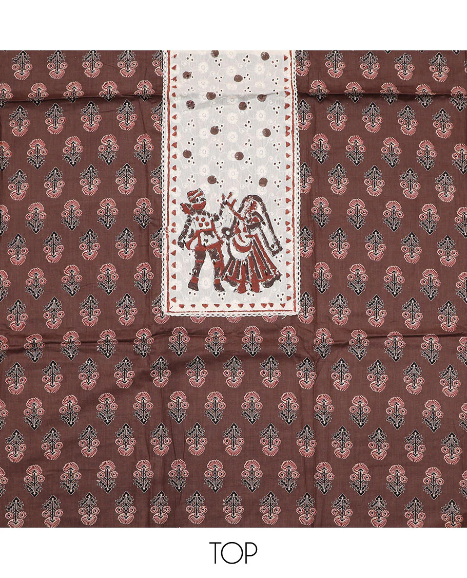 Brown material chudidar set, Ajrakh floral motifs with neck patch embroidered top, plain bottom and contrast thread geometric patterns woven dupatta - Image 2