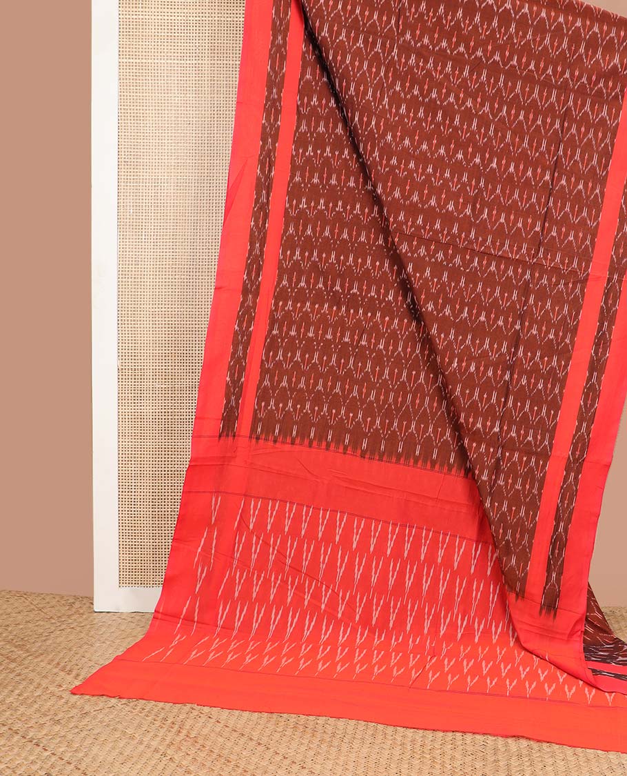 Brown ogee design ikkat cotton saree with contrast floral border & arrow design pallu - Image 2