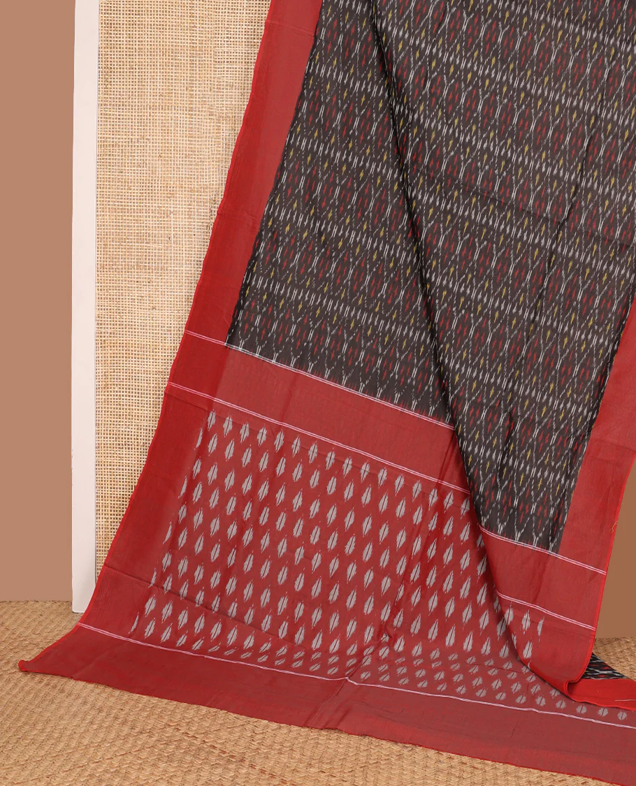 Brown ogee patterned ikkat cotton saree, contrast plain border, and pallu of buttas - Image 2