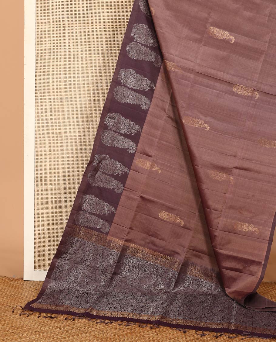 Brown paisley buttas Mayuri soft silk saree, contrast paisley buttas woven border, and pallu of paisley jaal designs - Image 3