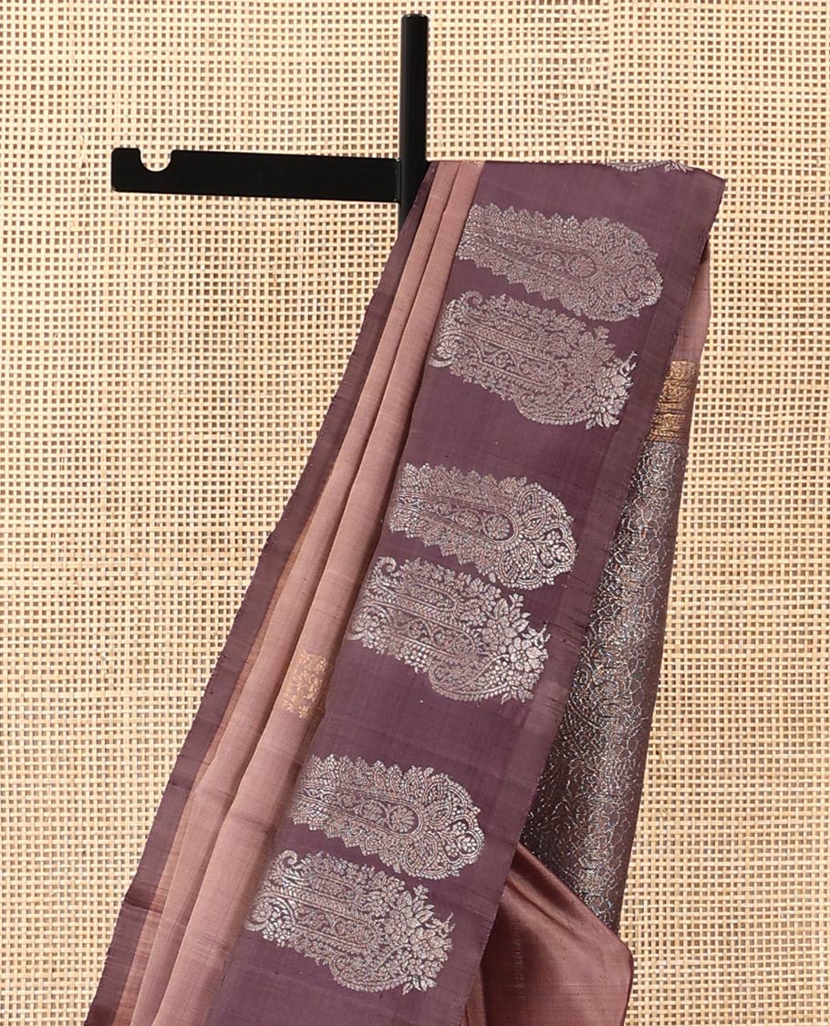 Brown paisley buttas Mayuri soft silk saree, contrast paisley buttas woven border, and pallu of paisley jaal designs - Image 4