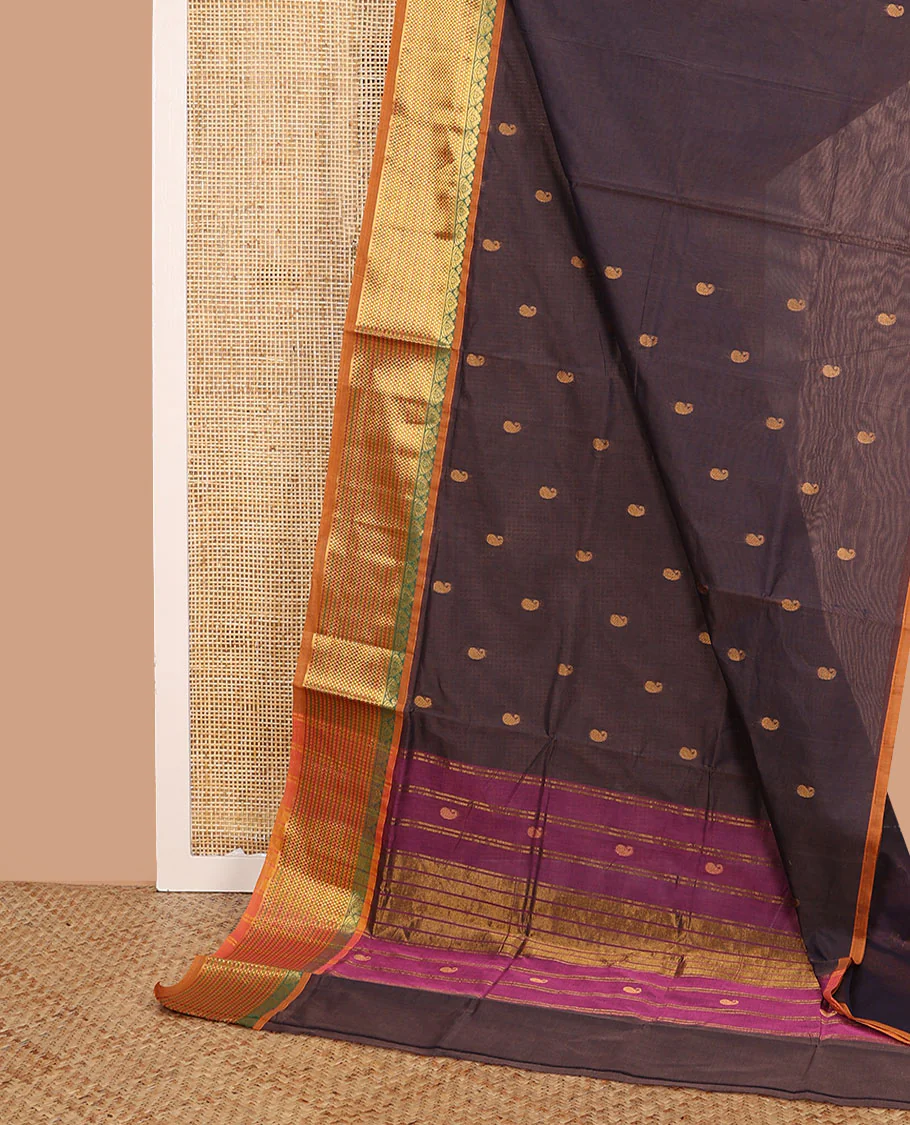 Brown paisley buttas Venkatagiri cotton saree, contrast traditional zari border, and pallu of zari stripes and paisley buttas - Image 2