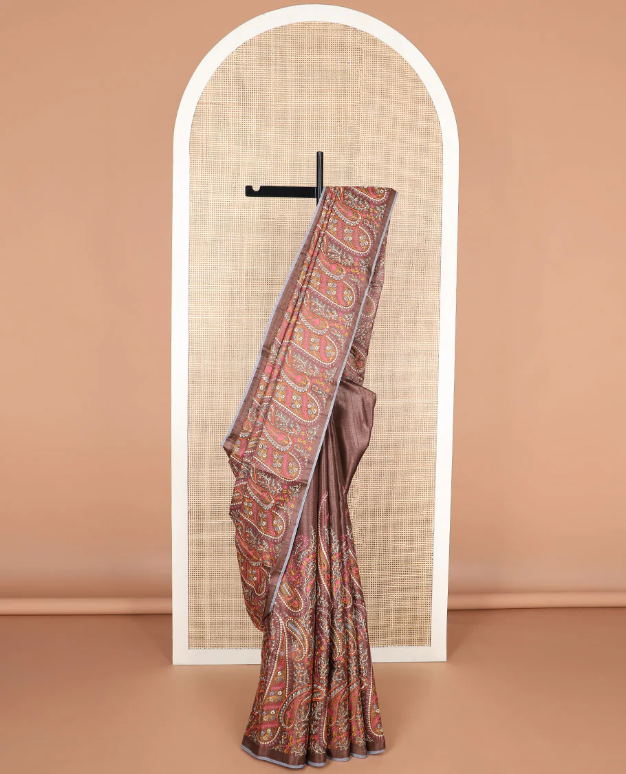 Brown paisley thread embroidery tussar silk saree with self plain border
