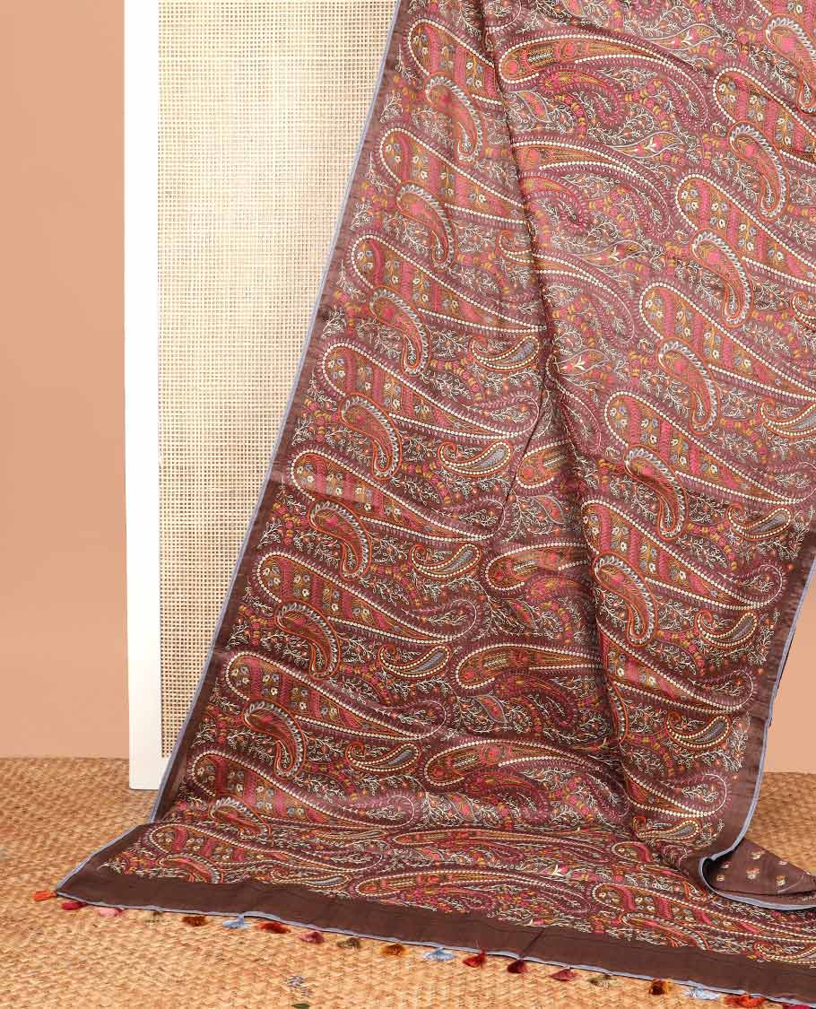 Brown paisley thread embroidery tussar silk saree with self plain border - Image 2