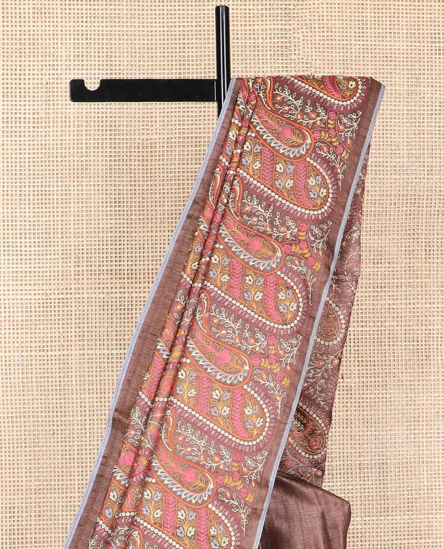 Brown paisley thread embroidery tussar silk saree with self plain border - Image 3
