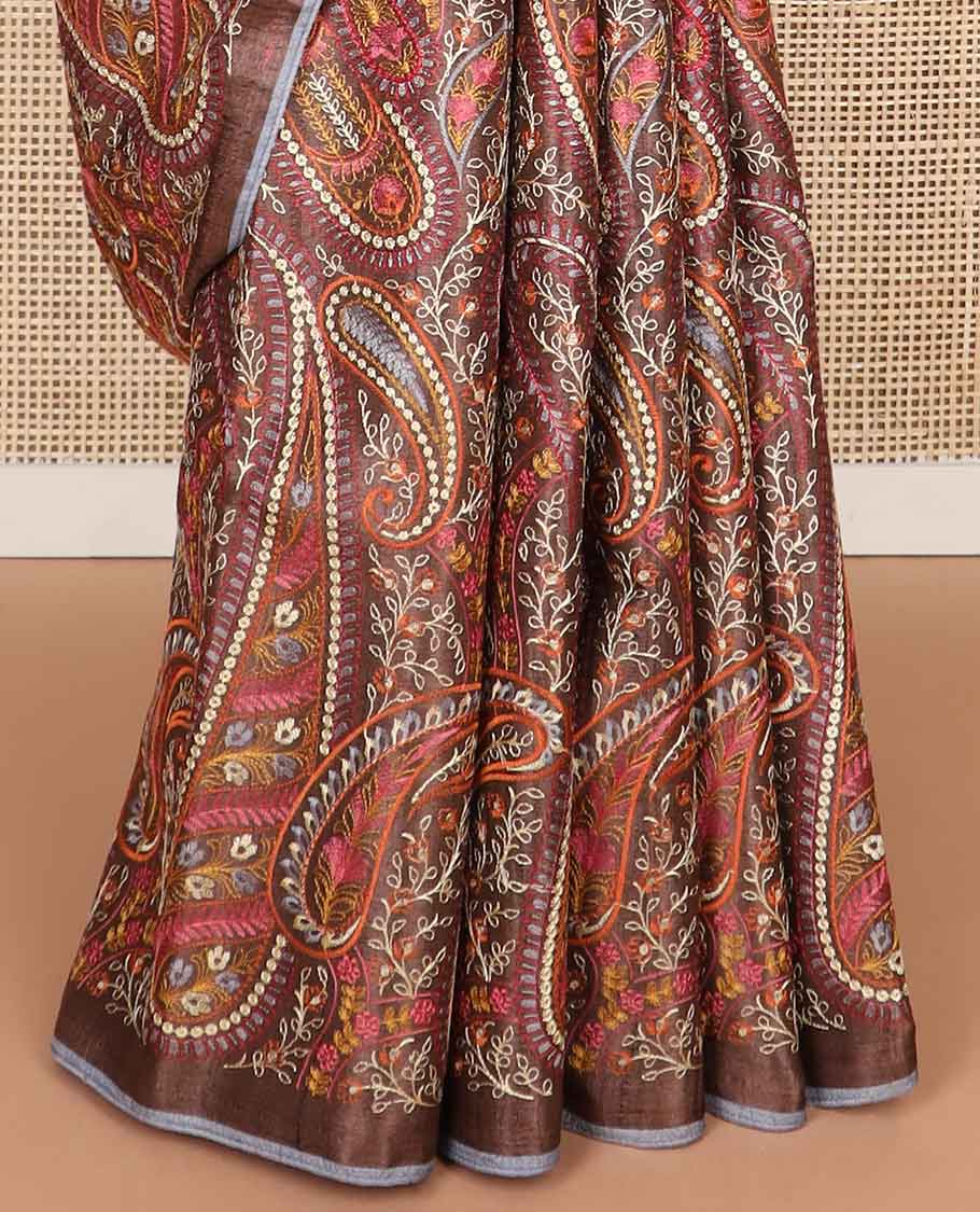 Brown paisley thread embroidery tussar silk saree with self plain border - Image 4