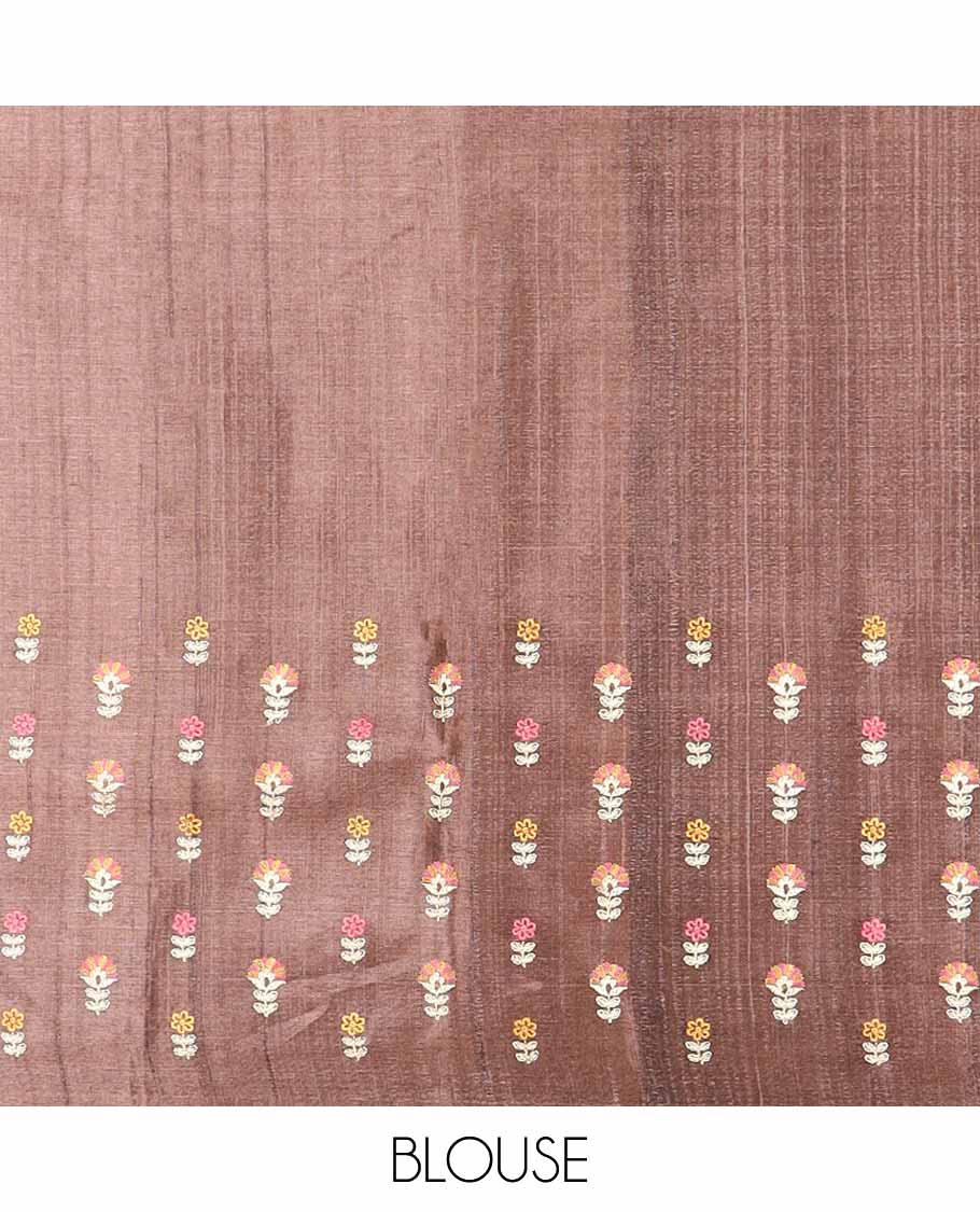 Brown paisley thread embroidery tussar silk saree with self plain border - Image 5