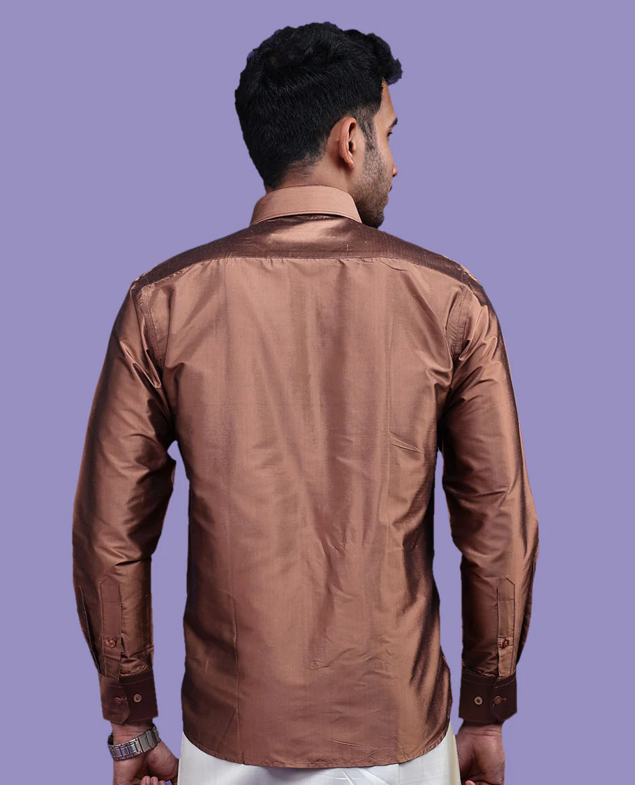 Brown plain design full-sleeve pure-silk shirt - Image 12