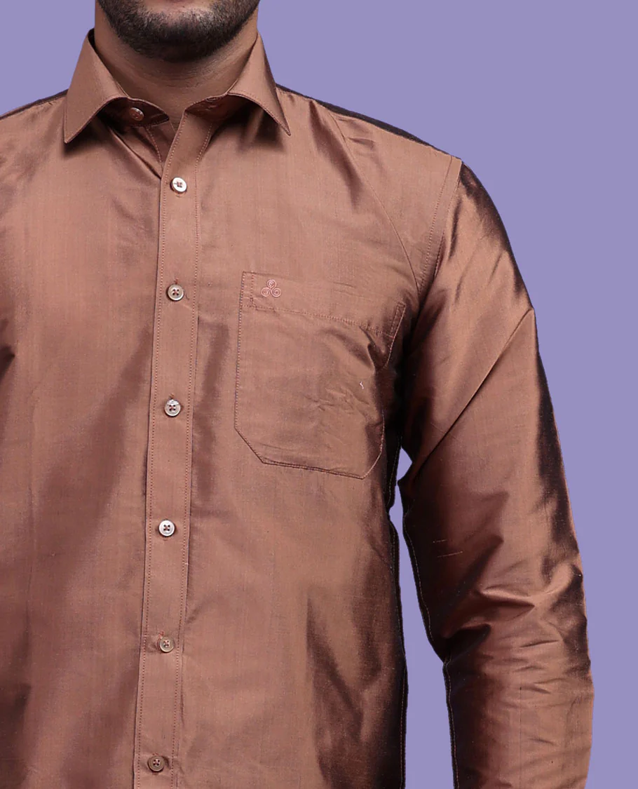 Brown plain design full-sleeve pure-silk shirt - Image 14