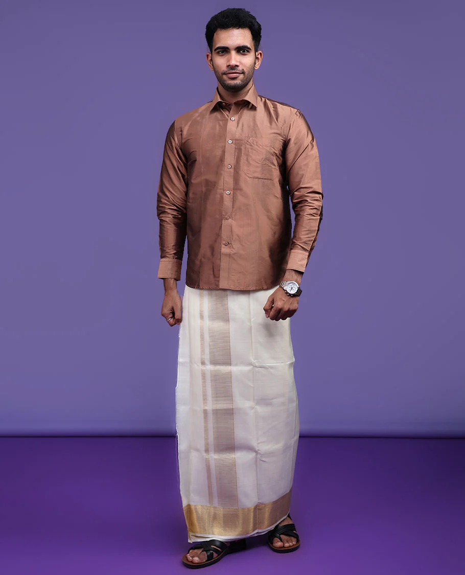 Brown plain design full-sleeve pure-silk shirt - Image 22