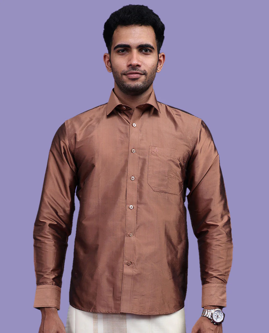 Brown plain design full-sleeve pure-silk shirt - Image 7