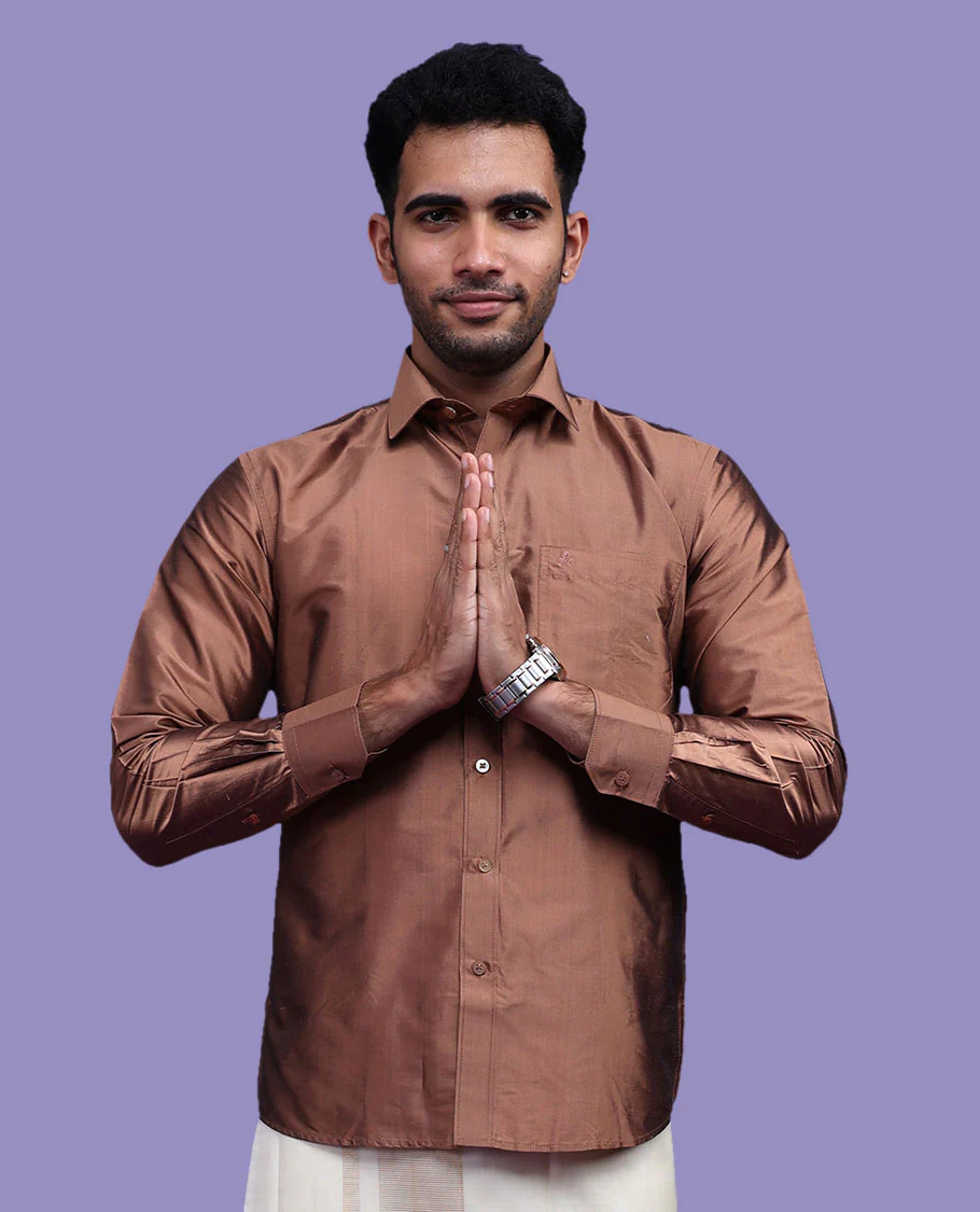 Brown plain design full-sleeve pure-silk shirt - Image 9