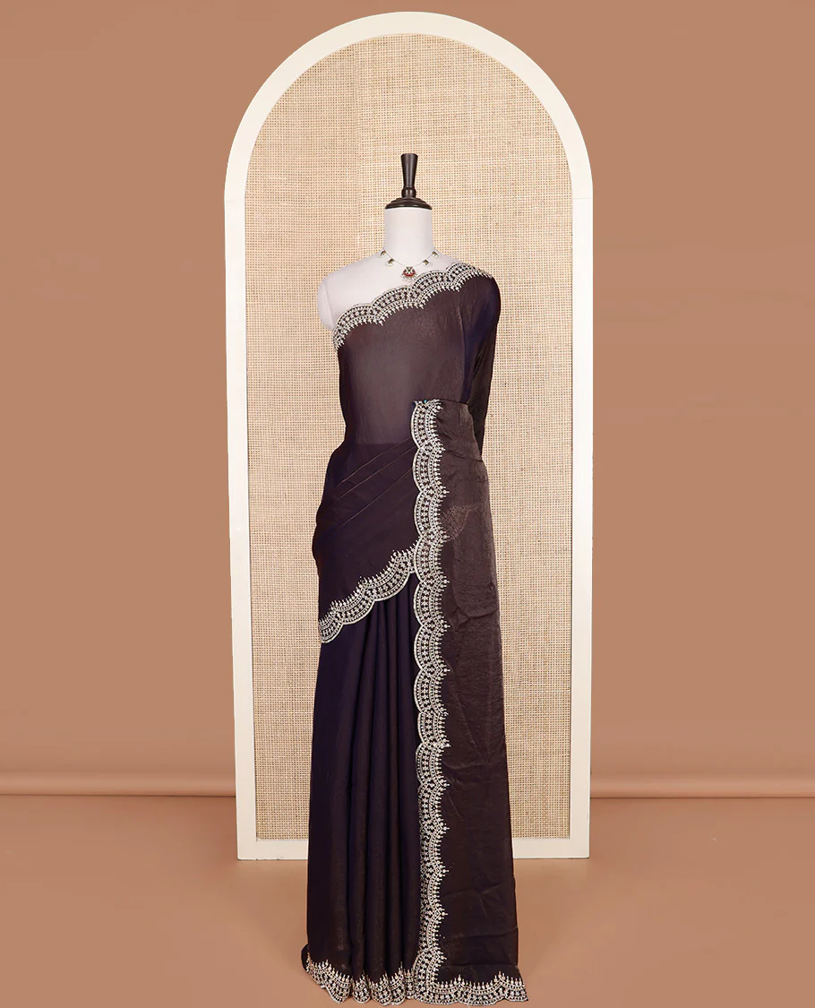 Brown plain designer saree, scallop intricately micro stone work border - Image 2