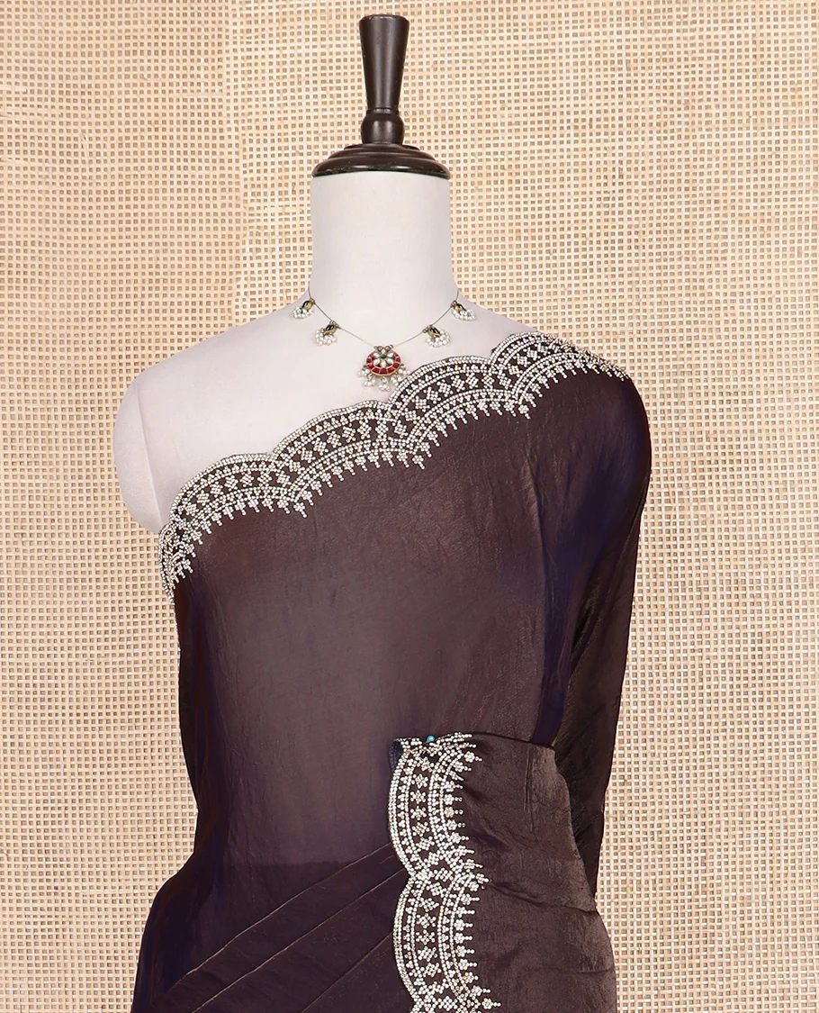 Brown plain designer saree, scallop intricately micro stone work border - Image 3