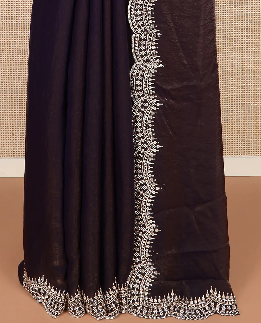 Brown plain designer saree, scallop intricately micro stone work border - Image 4