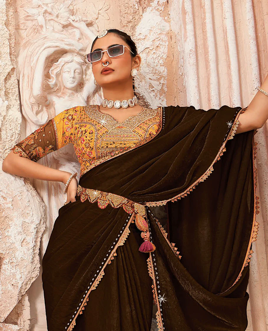 Brown Plain Designer Saree with Temple Lace Border, a Readymade Blouse, a Contrast Embroidered Belt, and a Pair of Free Embroidered Punjabi Shoes - Image 2