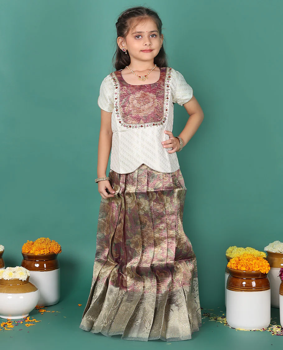 Brown readymade art silk pavadai, floral printed & contrast zari border skirt, & zari buttas half-sleeve round-neck blouse - Image 2