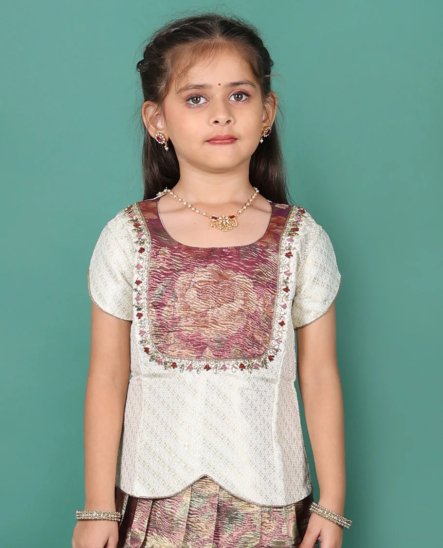 Brown readymade art silk pavadai, floral printed & contrast zari border skirt, & zari buttas half-sleeve round-neck blouse - Image 4