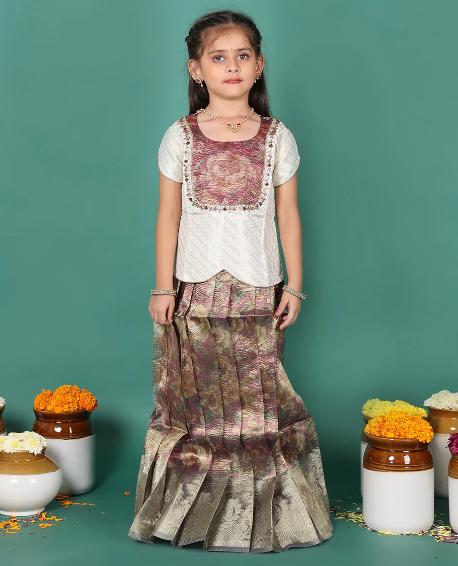 Brown readymade art silk pavadai, floral printed & contrast zari border skirt, & zari buttas half-sleeve round-neck blouse - Image 5
