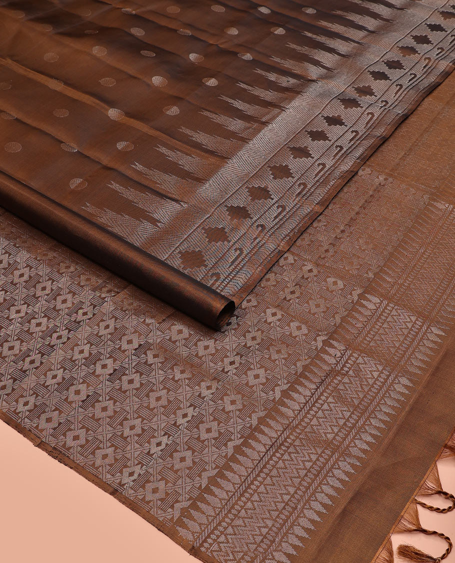 Brown rudraksham buttas Mayuri soft silk saree, temple geometric patterned border of muniya designs, and intricate pallu - Image 2