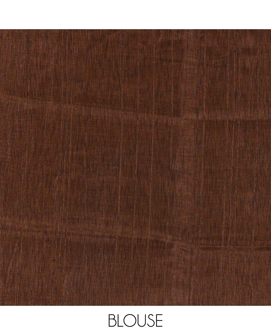 Brown shibori printed jute cotton saree, contrast plain border, plain pallu with tussels, and contrast plain blouse - Image 4