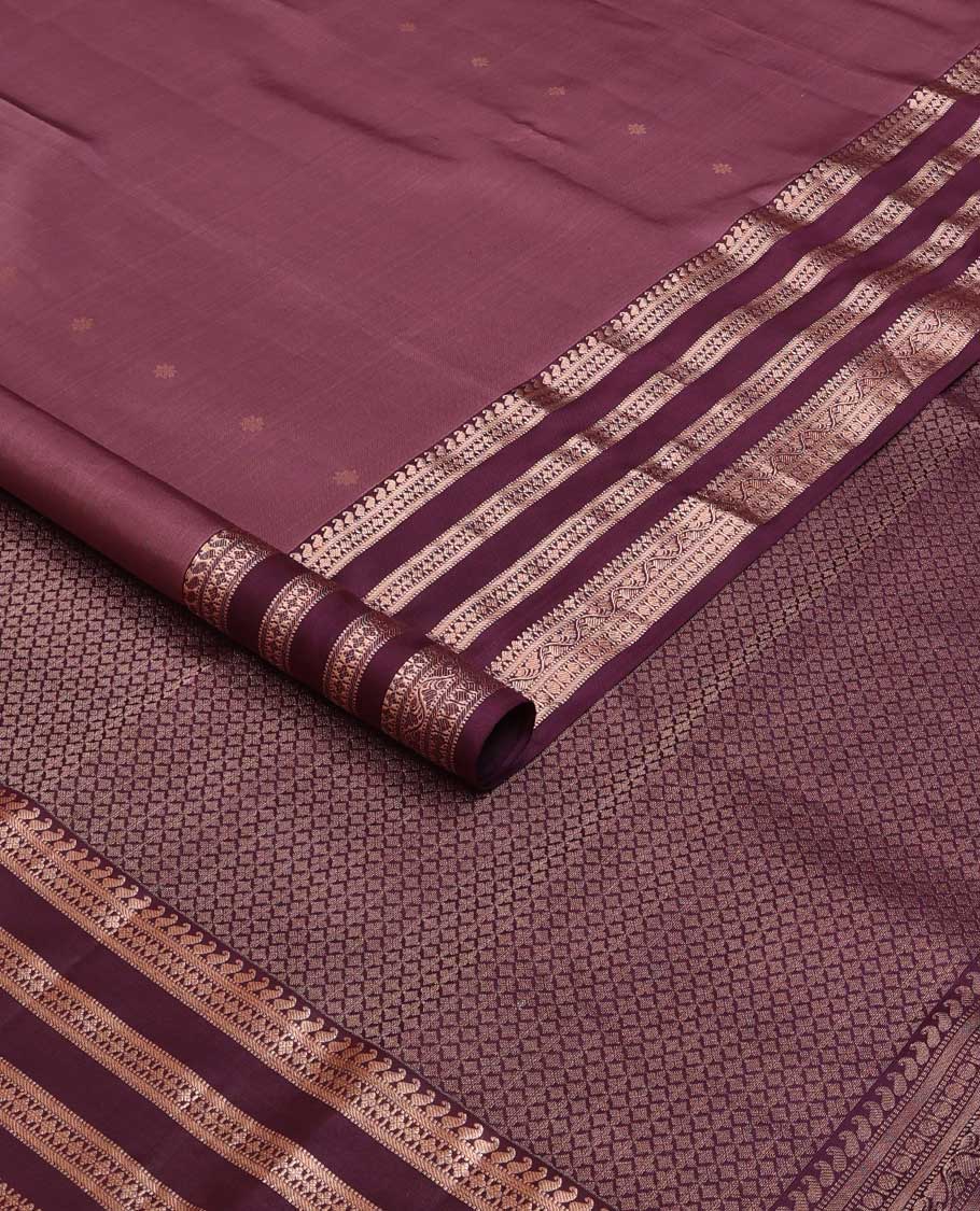 Brown Vasundhara silk saree with zari buttas, contrast border of manga, muthu, banaras, diamonds, and zari designs, and jaal pallu - Image 2